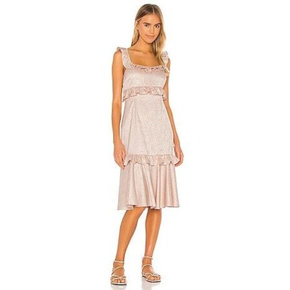 SAYLOR Dresses & Skirts - Saylor Dress Pink Maxina Jacquard Sleeveless Ruffles Tiered V-Back Midi Size M
